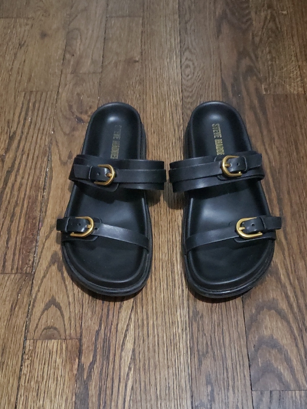 Leather Steve Madden Black Double Strap Slide Sandals with Gold Buckles